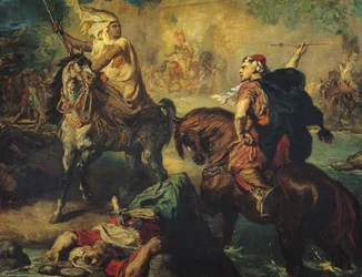 Jefes tribales árabes en combate singular, bajo las murallas de una ciudad, 1852